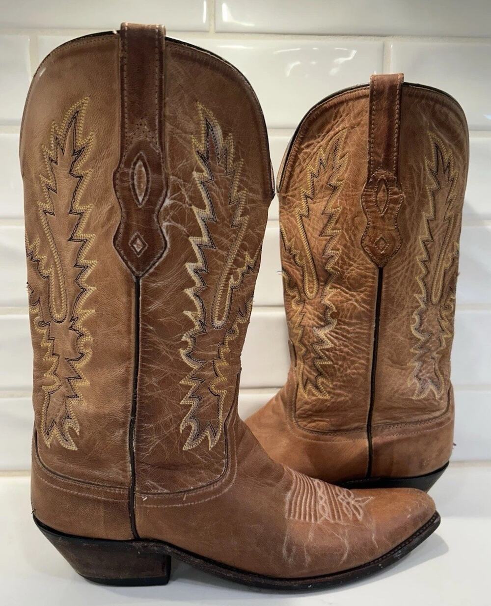 Old West Cowboy Boots LF1529 Leather Western Stitch Snip Toe Tan Women Size 9.5